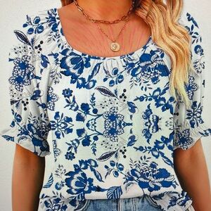 Floral Blue and White Women's Top
